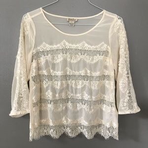 Lucky Brand Sheer Lace Boho 3/4 Sleeve Top